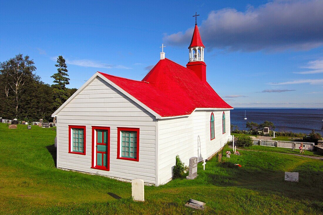 Chapelle de Tadoussac from 1747, oldest wooden church in Canada, on the bank of the St Lawrence River, Tadoussac, Canada