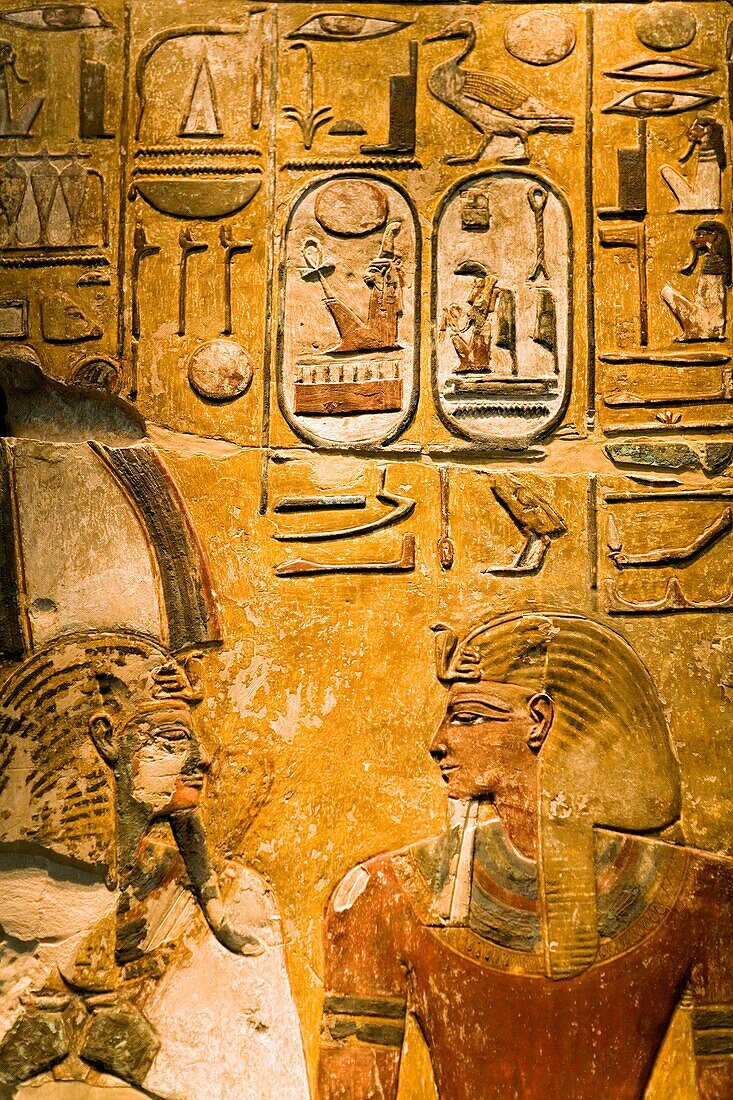 Museum Island Neues Museum Pillar fragment, King Seti I before the god Osiris 1290 aDC Egyptian art Berlin Germany