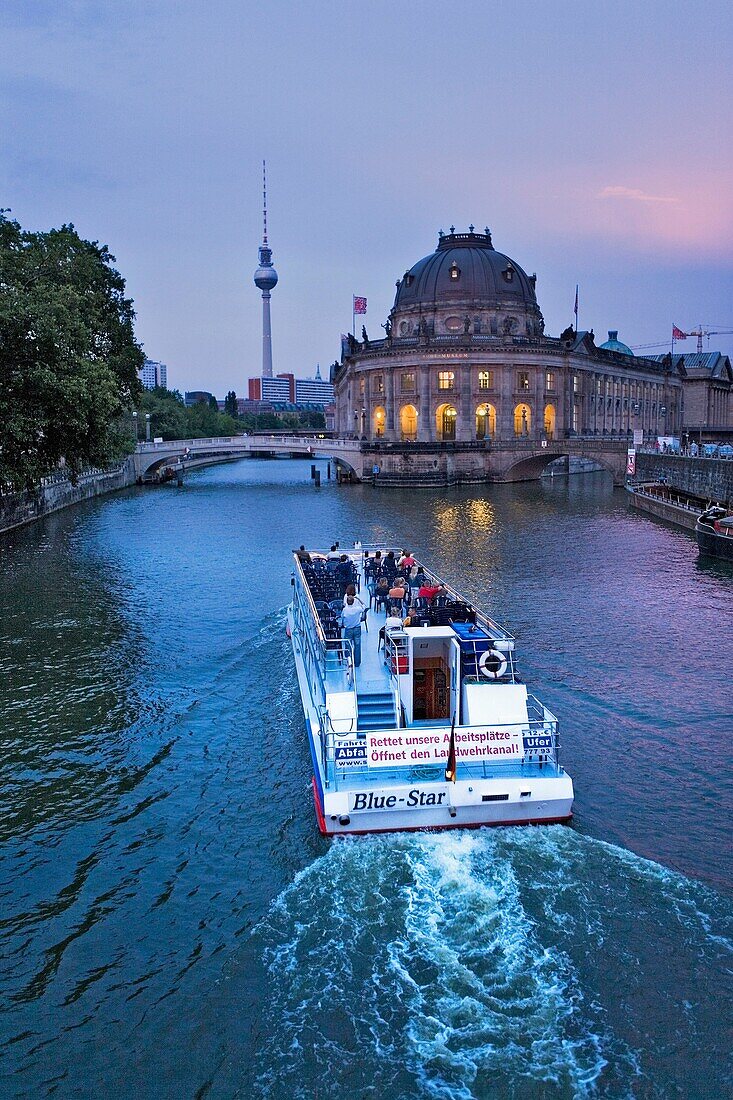 Museum Island Bode-Museum in river Spree with Fernsehturm Berlin Germany