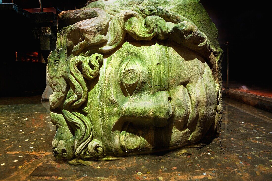 Yerebatan Cistern Museum Medusa head Byzantine cisterns, was built by Justinian in 532AD It is supported by 336 columns and once held over 80, 000 cubic metres of water Istanbul Turkey