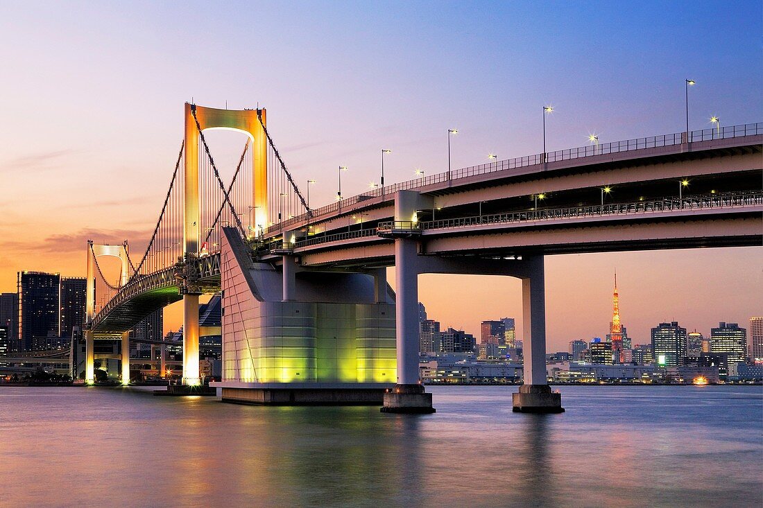 Rainbow Bridge from Odaiba artificial island Tokyo city, Japan, Asia