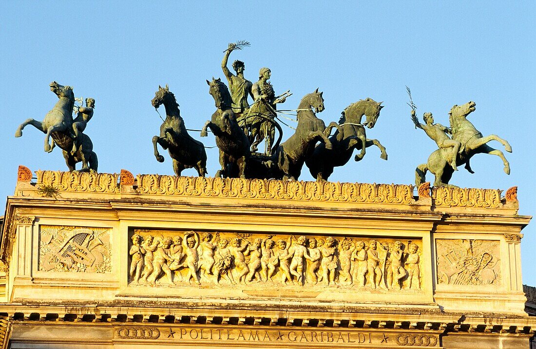 Palermo Bronze statues by Rutelli on top of the Politeama Garibaldi theatre, Palermo, Sicily, Italy