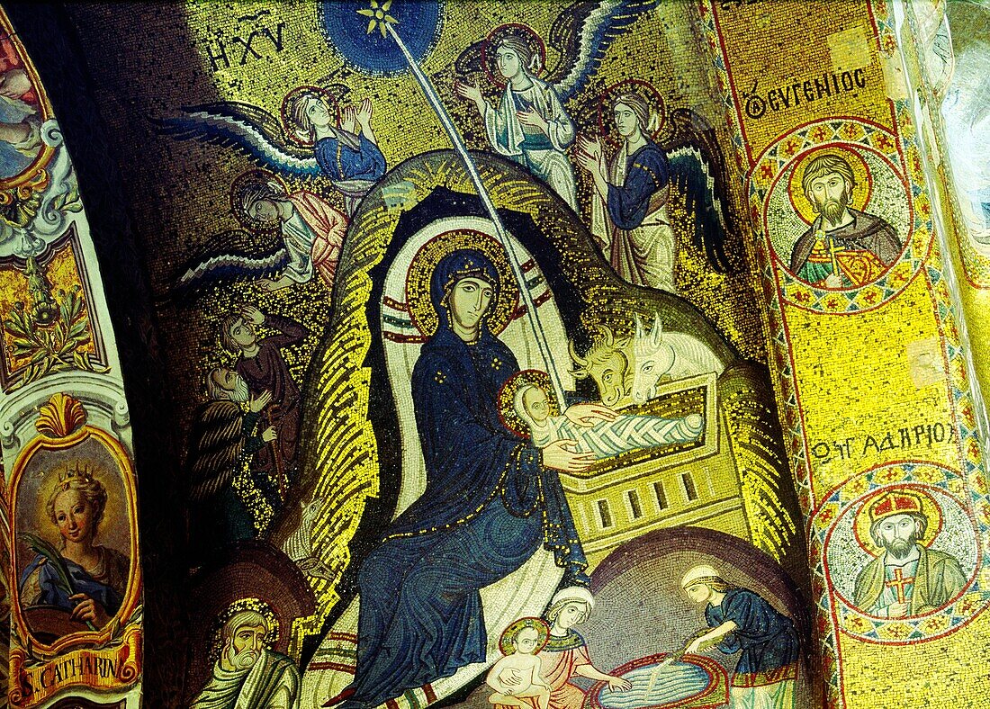 Mosaic nativity scene in the Nave vault of La Martorana Mediaeval church in the city of Palermo, Sicily, Italy