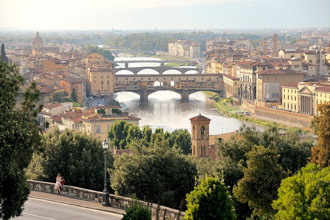 Florence, Tuscany, Italy Classic view of the Ponte Vecchio and the River Arno from the Piazzale Michelangelo Firenze