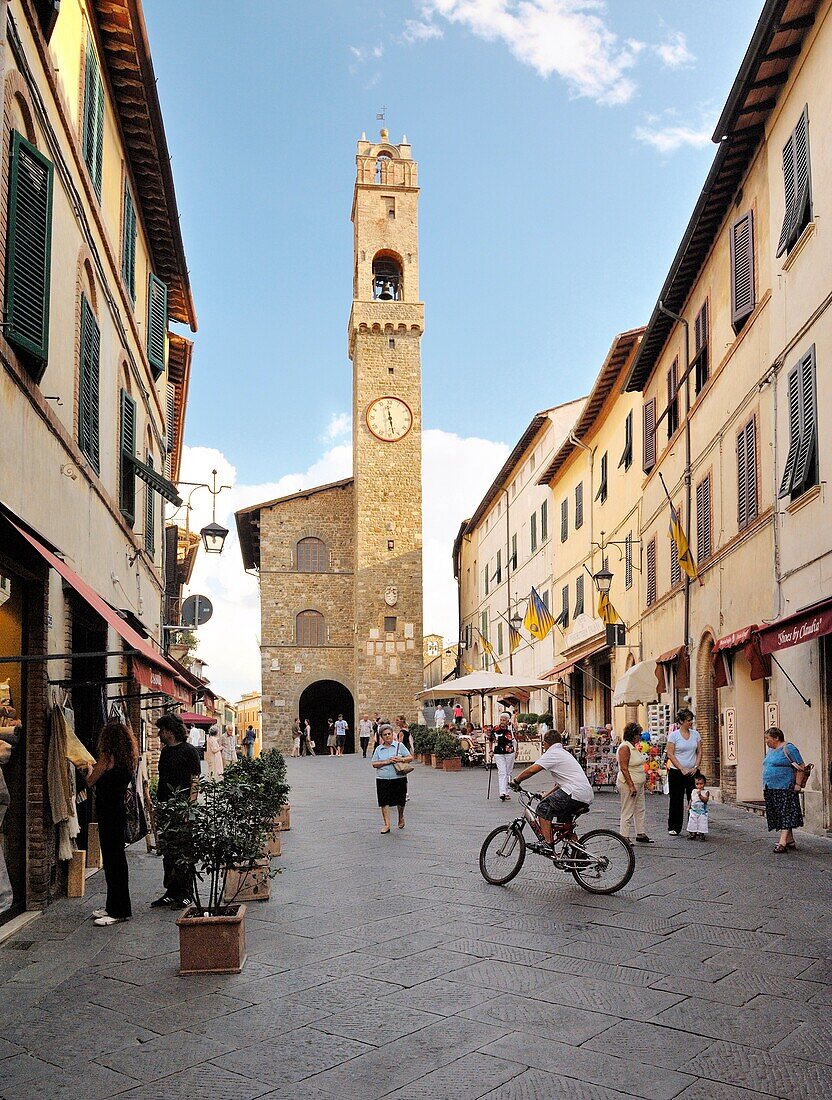 Tuscany, Italy Hill town of Montalcino, home of Brunello di Montalcino wine Across Piazza del Popolo to the Palazzo Comunale