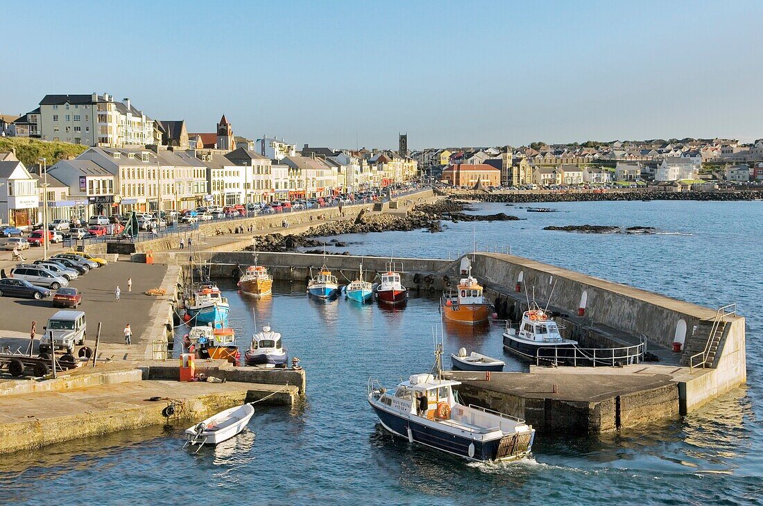 Portstewart fishing boat harbour and main street seafront, County Derry 3 miles from Coleraine and Portrush, Northern Ireland