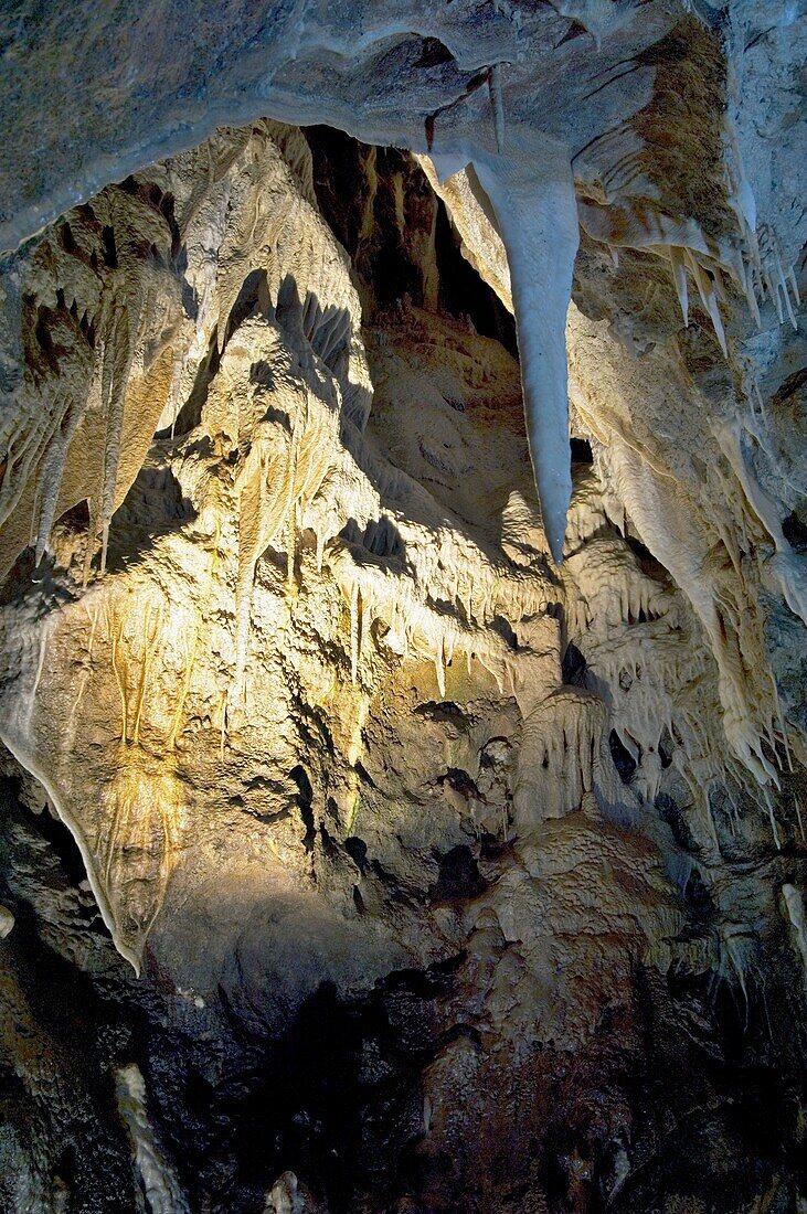 Marble Arch Caves in Cuilcagh Mountain Park, Fermanagh, Ireland Calcite stalactites and flowstone in the Crystal Palace