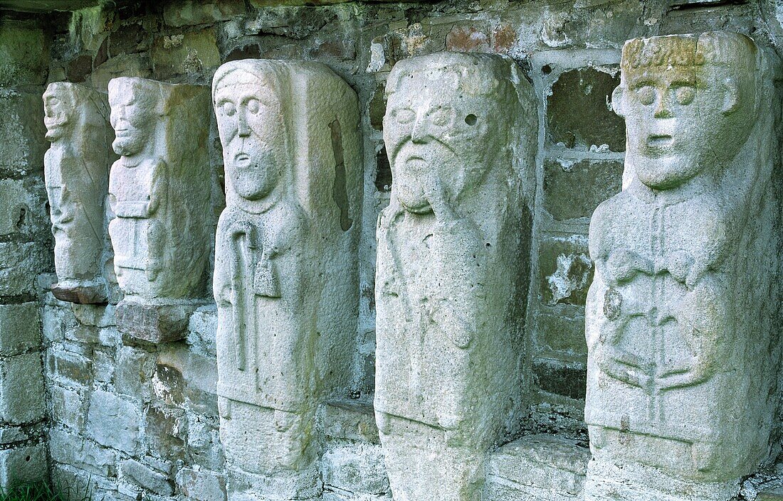 Celtic Christian monastic carvings of saints monks on White Island, Lower Lough Erne, near Enniskillen, Co Fermanagh, Ireland