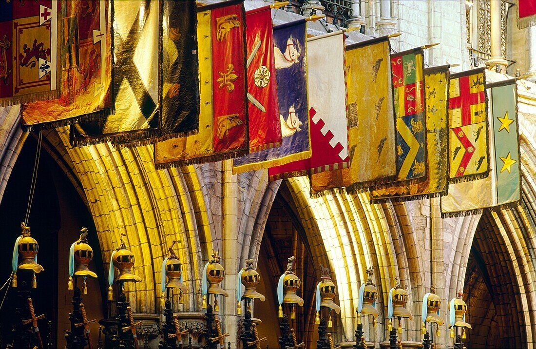 Banners and symbolic helmets of the Order of Saint Patrick in the choir of St Patrick's Cathedral, Dublin, Ireland