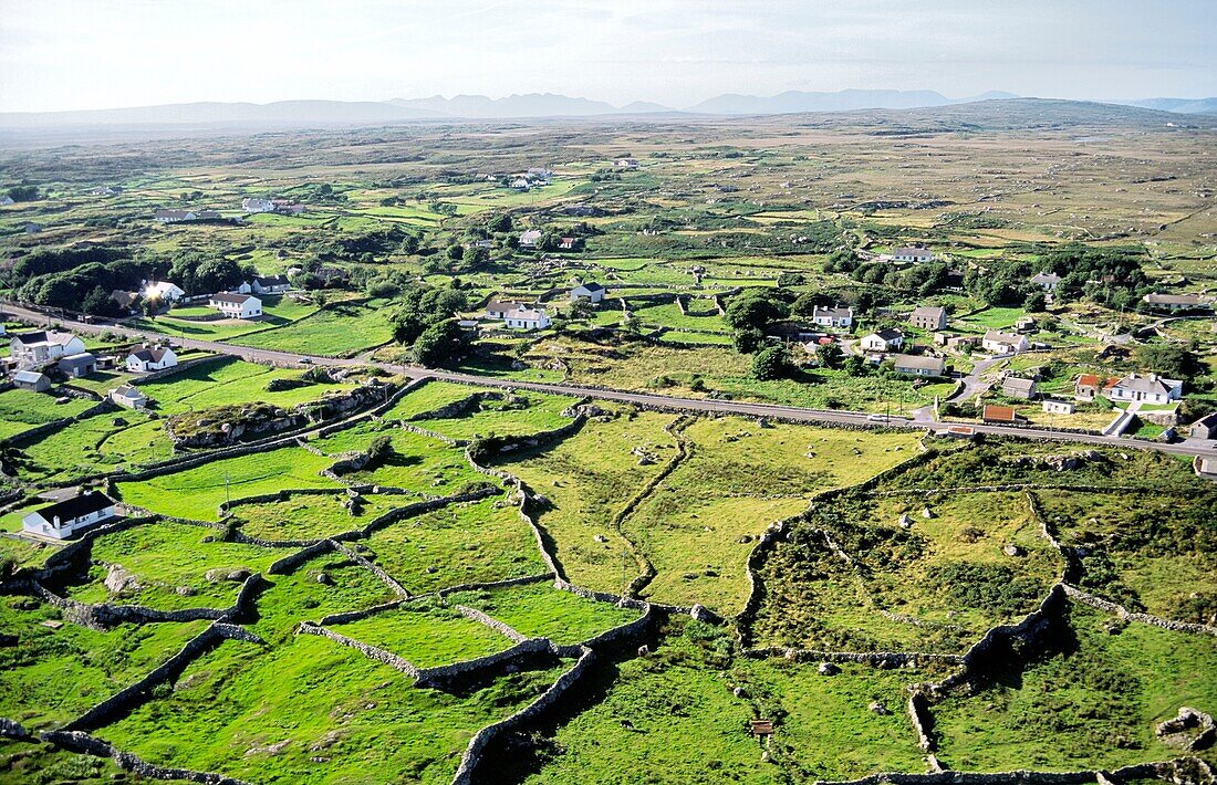 Farming landscape near Rossaveel in the Connemara region of County Galway, west Ireland Aerial