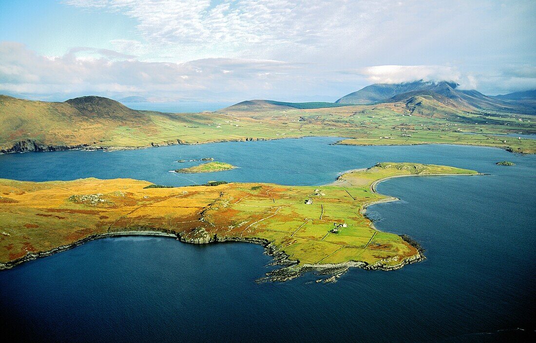 Aerial view east over Beginish Island toward village of Cahirsiveen on the Iveragh Peninsula, County Kerry, Ireland