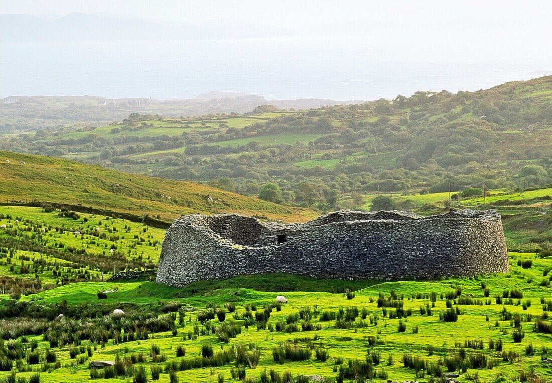 Staigue Fort between Sneem and Waterville, Co Kerry, Ireland Large prehistoric dry stone ring fort or cashel