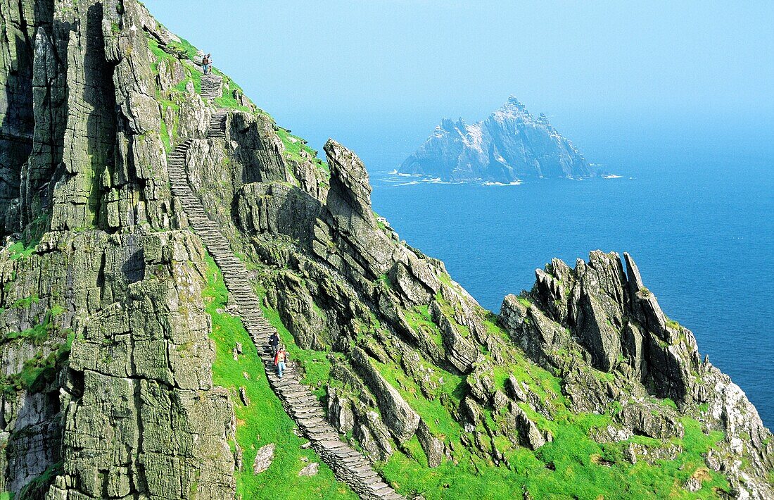 Skellig Michael Ancient stone stairway leads to Celtic Christian monastery at top of island of Skellig Michael, Kerry, Ireland