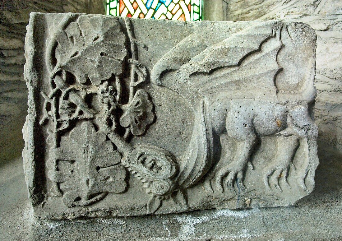 Stone carved dragon motif inside St Brigid’s Cathedral, County Kildare, Ireland