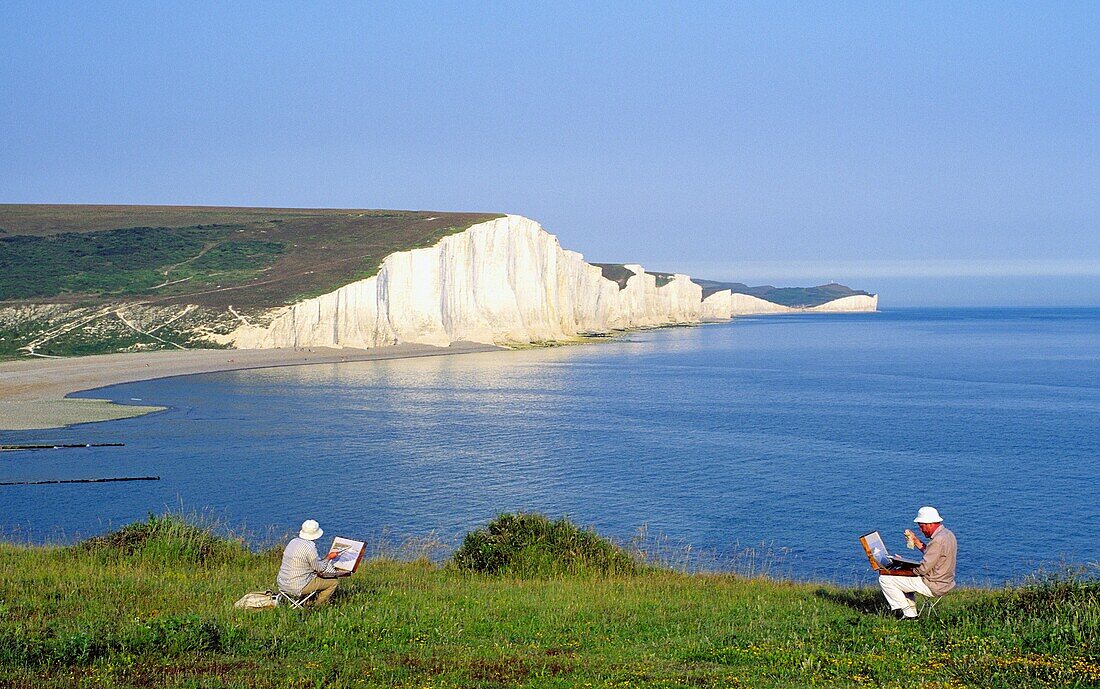 English Channel white chalk cliffs known as the Seven Sisters East Sussex, England Watercolour painters artists painting