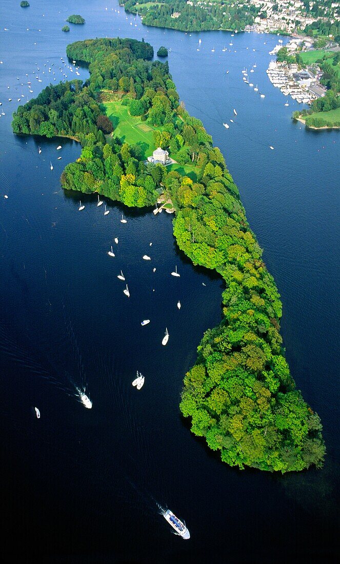 Lake Windermere in the Lake District National Park, Cumbria, England Aerial over Belle Isle to the town of Bowness
