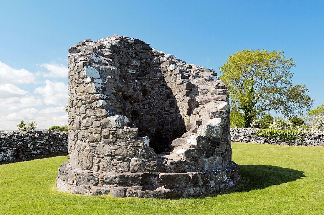 Stump of the Round Tower inside massive walls of Nendrum Monastery, Mahee Island, Strangford Lough, Co Down, Northern Ireland