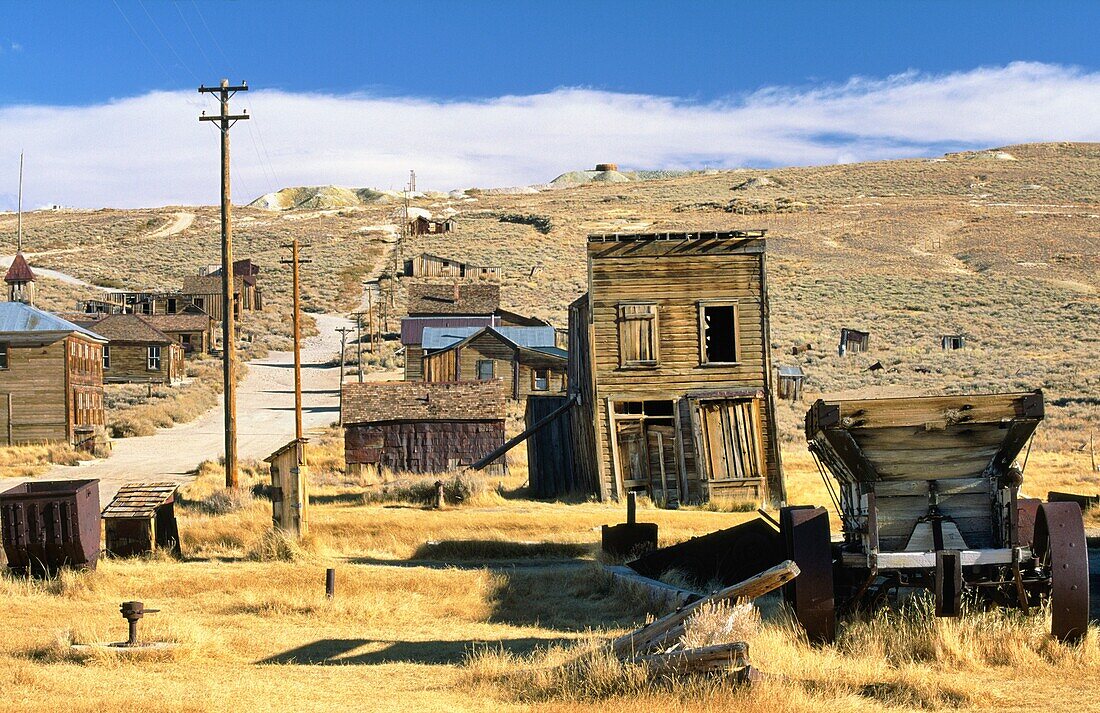 Main street of abandoned deserted gold mining ghost town of Bodie in northern California, USA