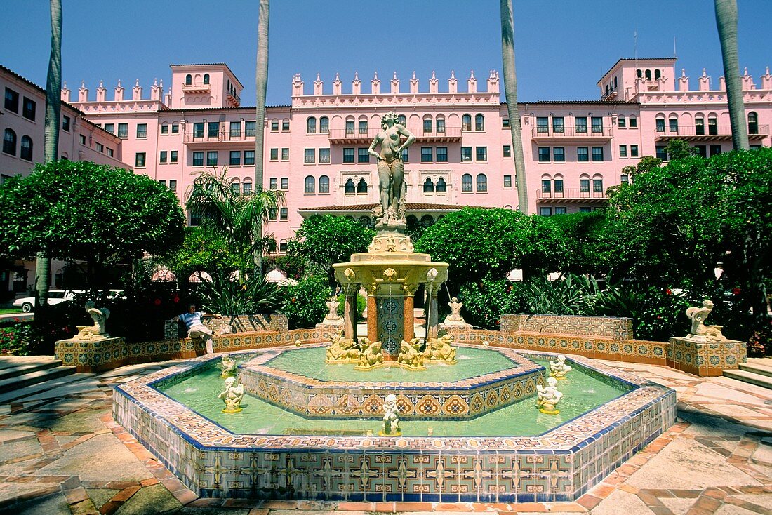 Boca Raton Club Hotel on east coast Florida, USA Fountain in front of classic original Art Deco 1920s style building