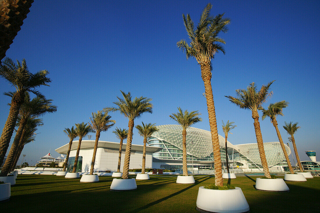 The Yas Hotel, a hotel facility built across the F1 Yas Marina Circuit , Yas Island, Abu Dhabi, United Arab Emirates, UAE