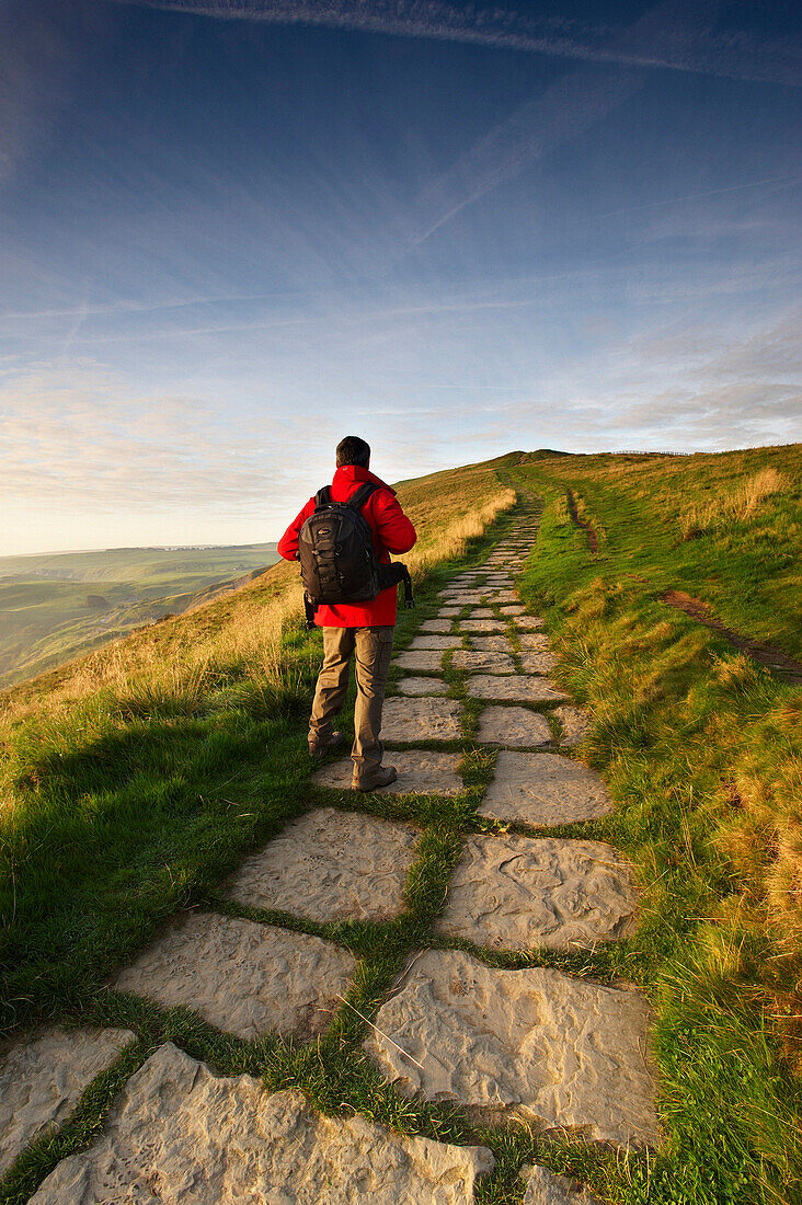 Hiker on Mam Tor, Peak District National Park, Derbyshire, UK - England