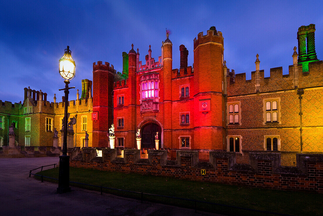 Hampton Court Palace illuminated at night, Hampton Court, Surrey, UK - England