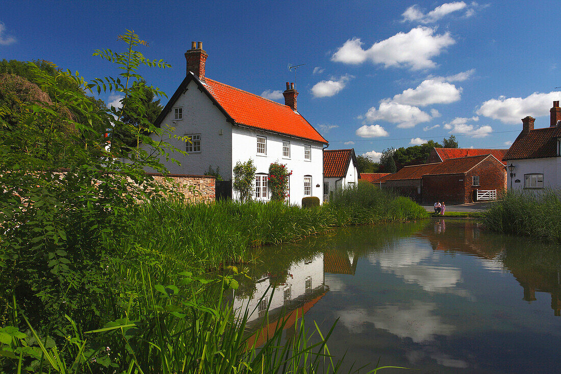 View of cottage and pond, Bishop Burton, East Yorkshire, UK - England
