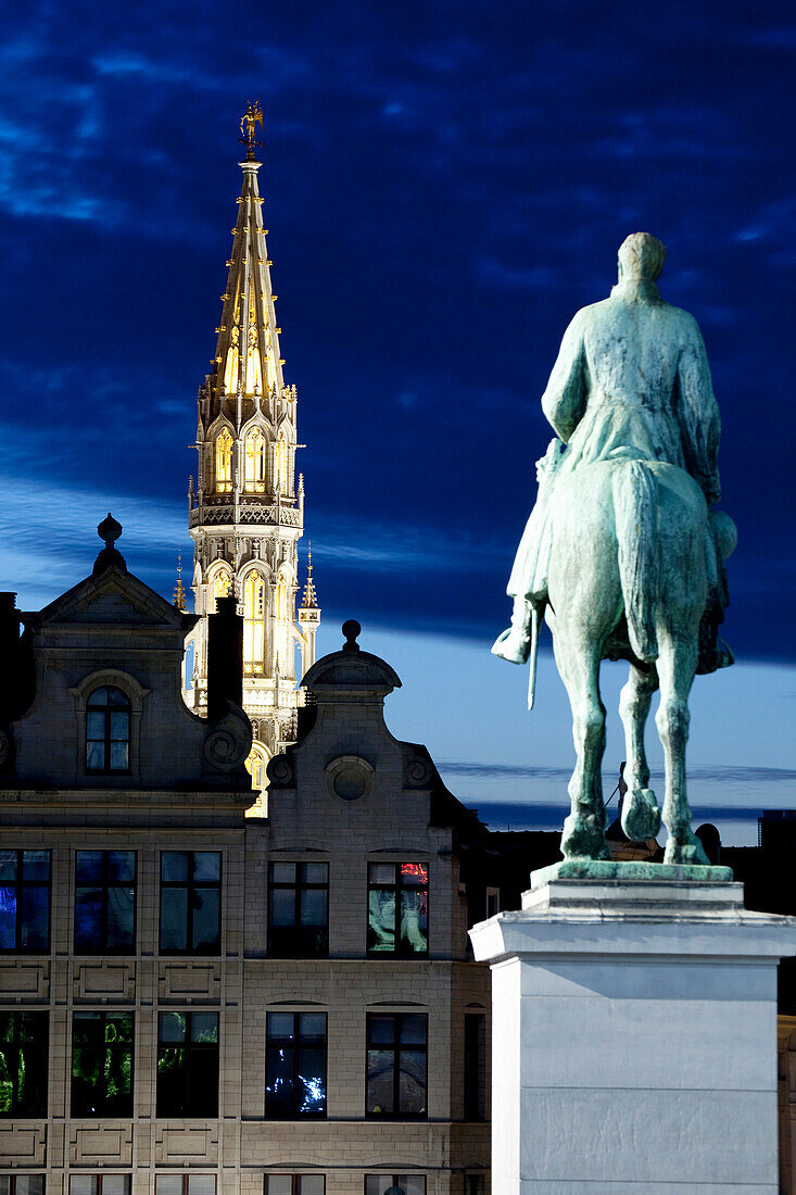 Place de L Albertine and Hotel de Ville tower at night, Brussels, Flanders, Belgium