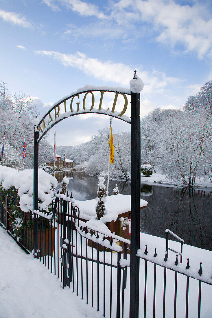Marigold Cafe and River Nidd in winter, Knaresborough, Yorkshire, UK - England