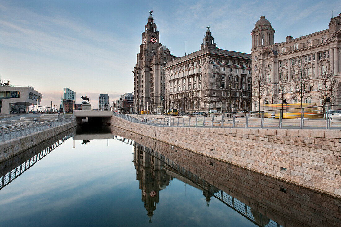 The Pier Head New Ferry Terminal Building & Liver Building, Liverpool, Merseyside, UK - England