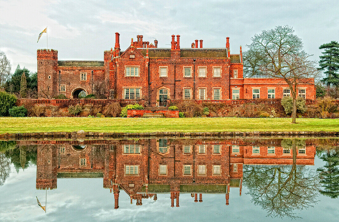 Hodsock Priory reflected in river, Hodsock Priory, South Yorkshire, UK - England