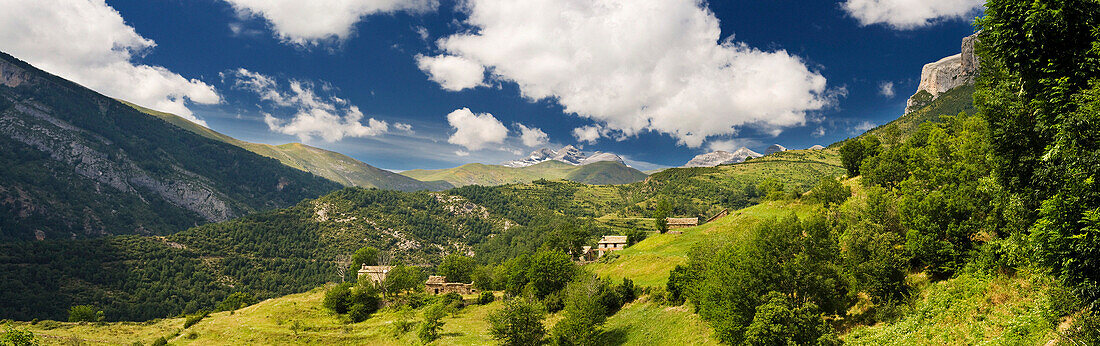 The village of Bestue with Monte Perdido in the background in the Pyrenees of the Huesca Province, Bestue, Huesca, Spain