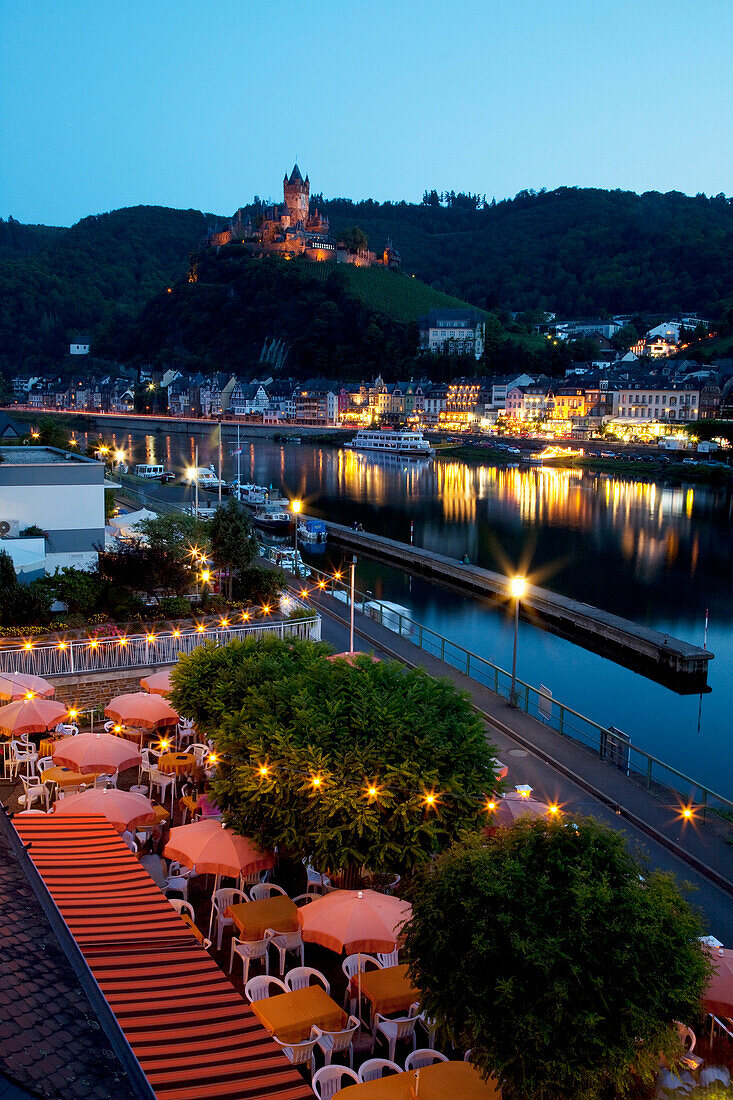 Riverside & Restaurant at dusk, Cochem, Rhineland-Palatinate, Germany