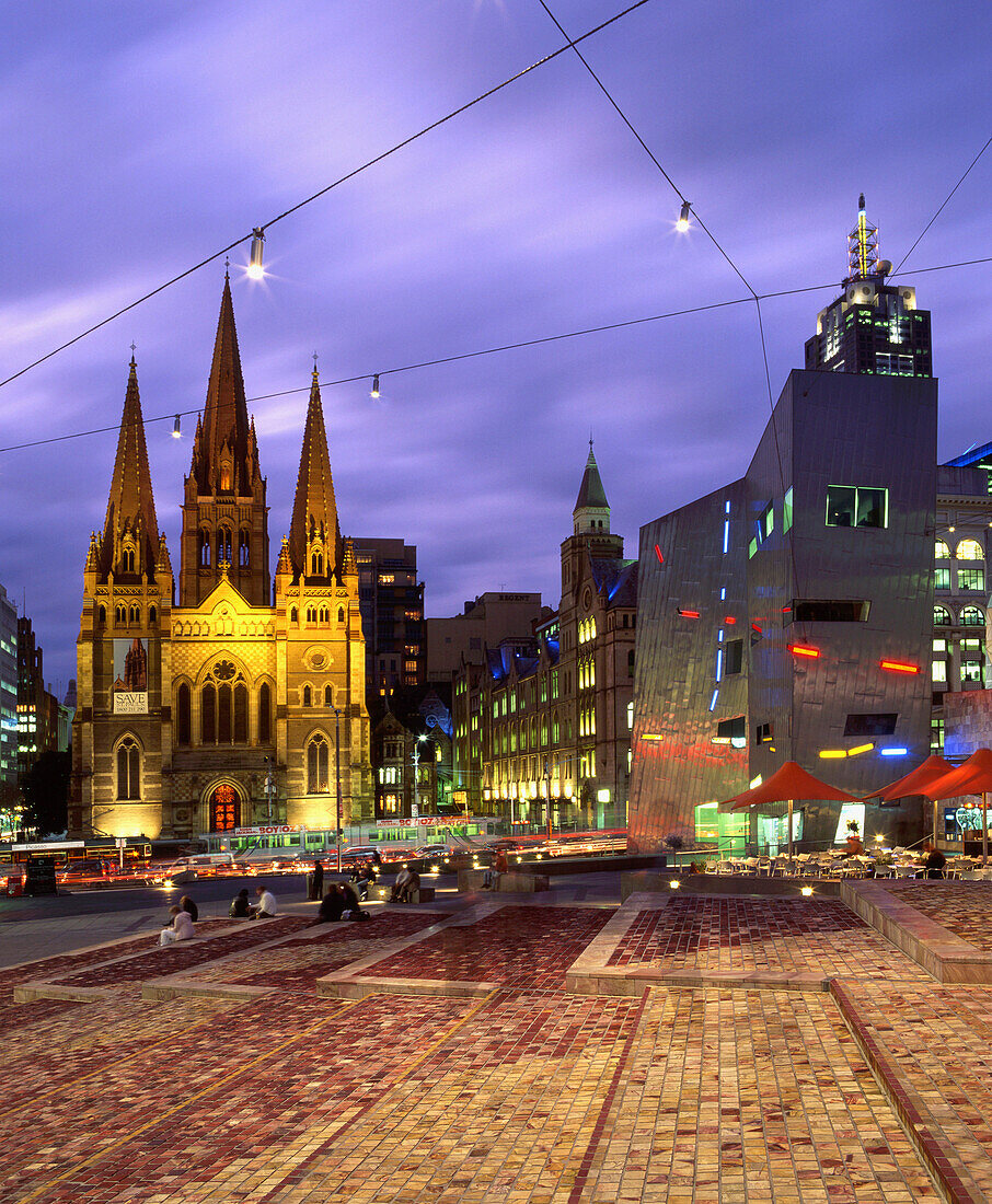 Federation Square and St Pauls Cathedral at dusk, Melbourne, Victoria, Australia