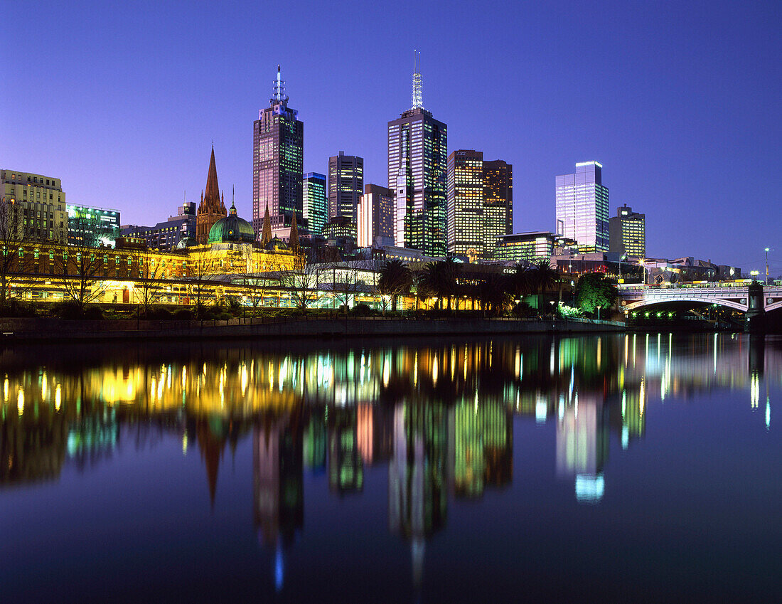 Central Business District from Yarra River at night, Melbourne, Victoria, Australia
