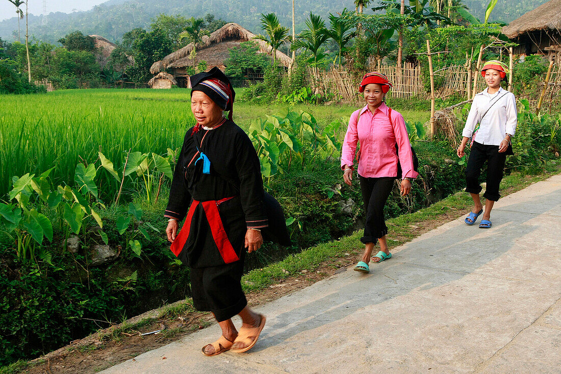 Tay women walking through village of Me, Ha Giang - near, Vietnam