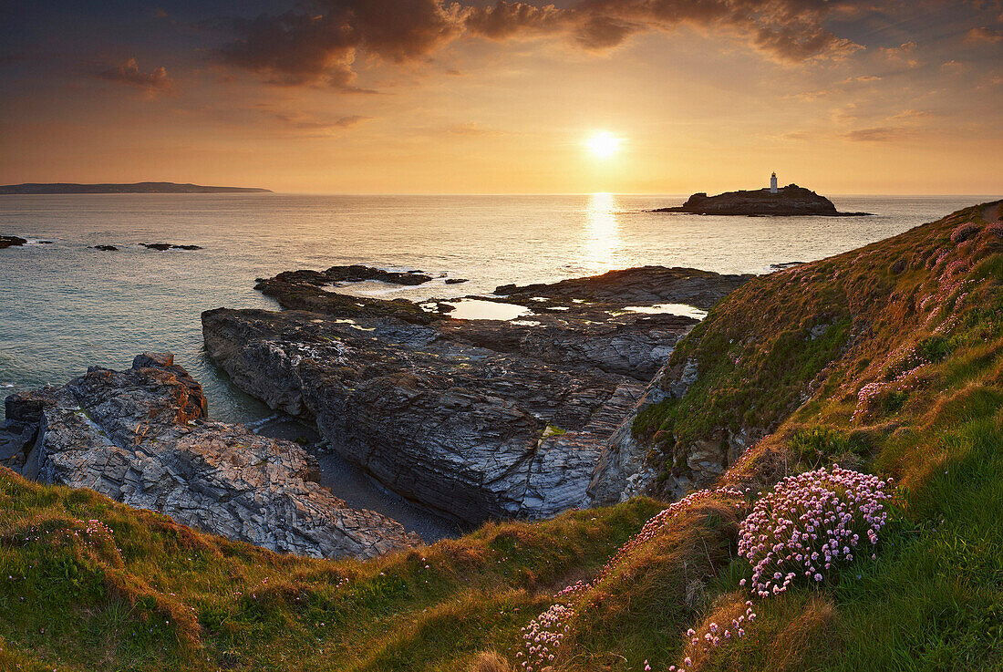 View to Godrevy Lighthouse at sunset, St Ives - near, Cornwall, UK - England