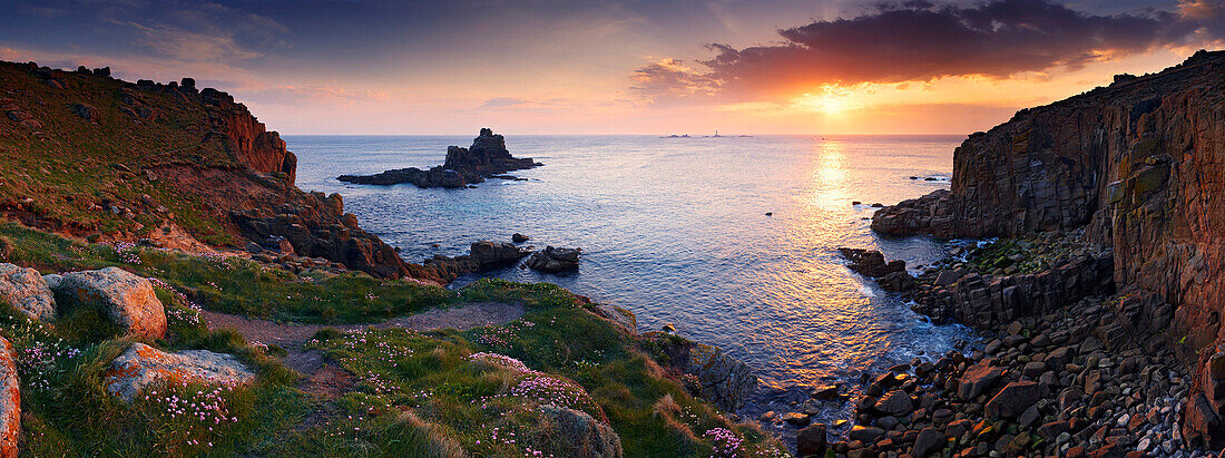 Coastal scenery at sunset, Lands End, Cornwall, UK - England