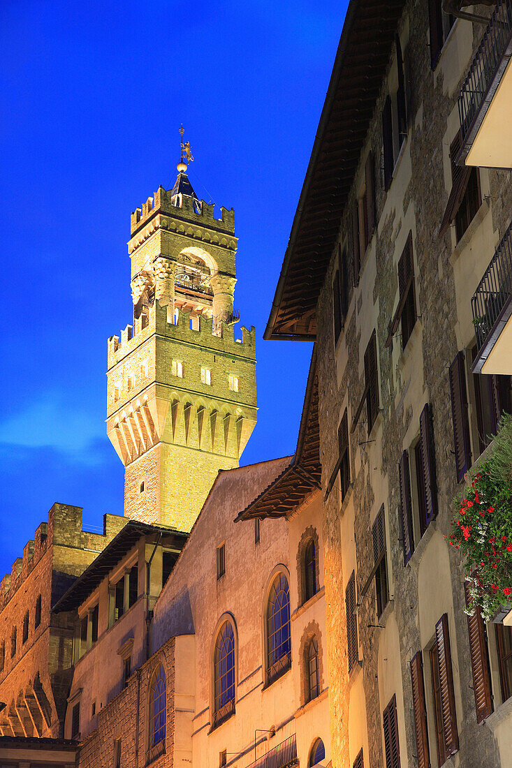 Belltower of the Palazzo Vecchio at night, Florence, Tuscany, Italy