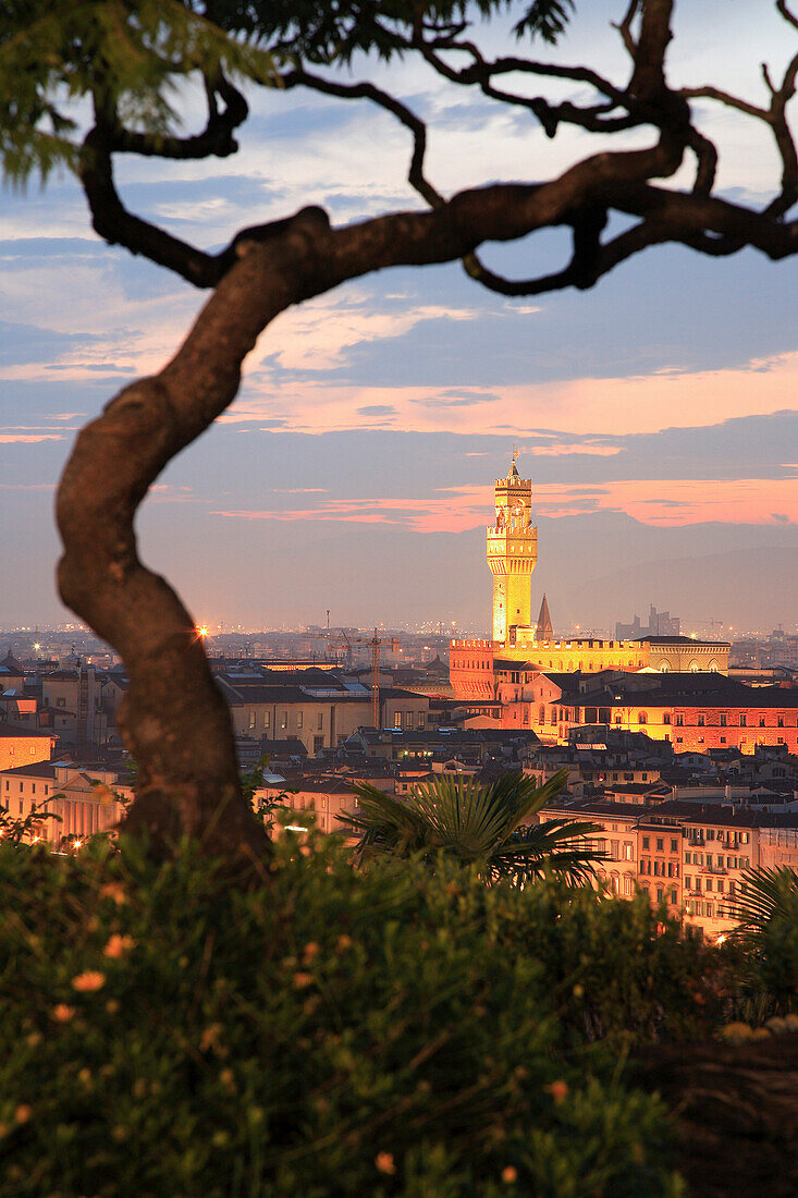 View to Palazzo Vecchio from Piazzale Michelangelo, Florence, Tuscany, Italy
