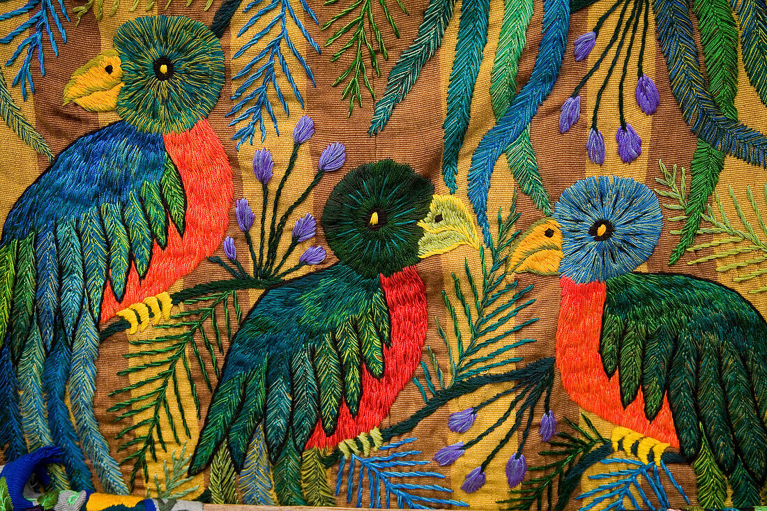 Colourful embroidery of Quetzal birds, Santiago de Atitlan, Guatemala