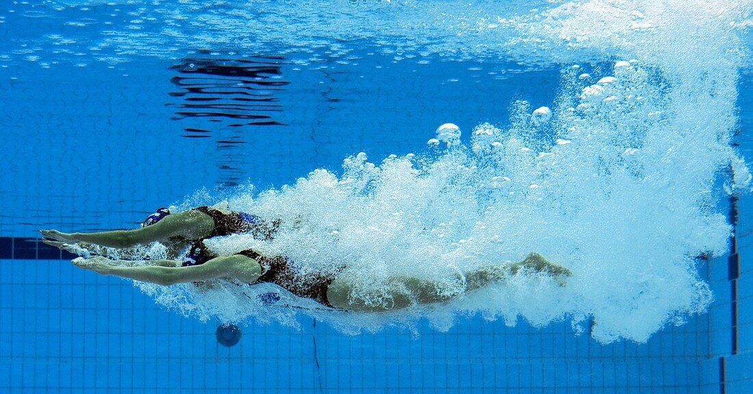 Olivia Allison and Jenna Randal of Great Britain compete in duet technical routine during the synchronished swiming event, on day ten of the 2008 Beijing Olympics