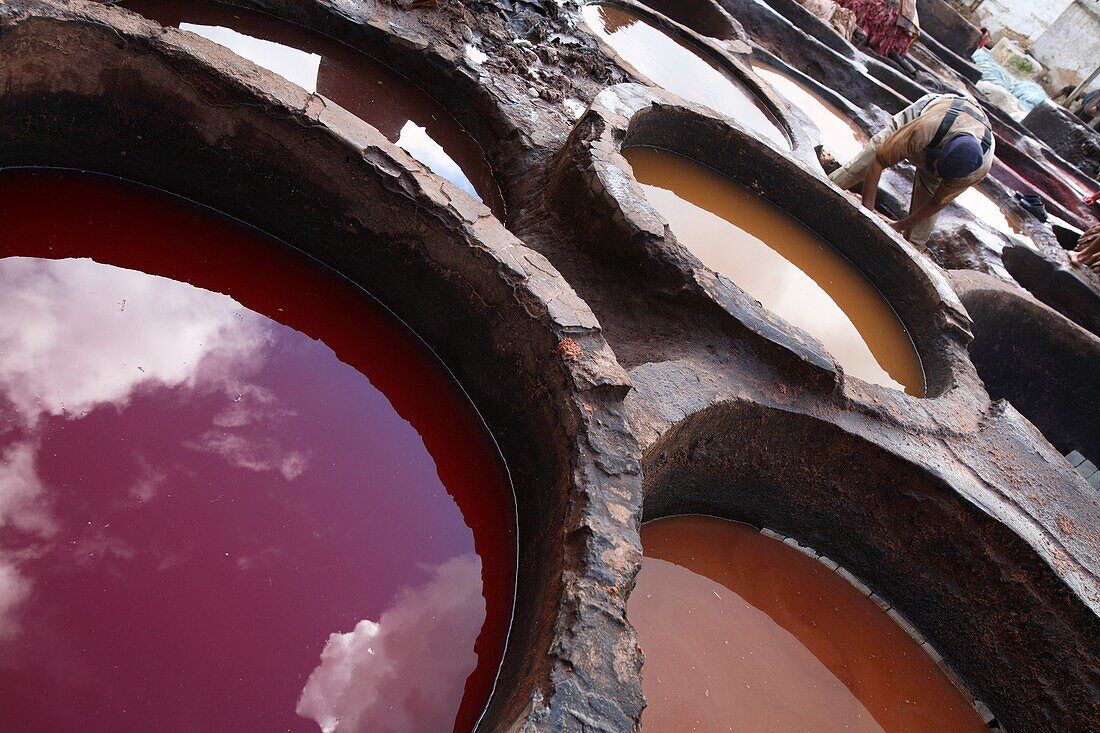Basins of paint in the Fes tanneries, Fes, Morocco