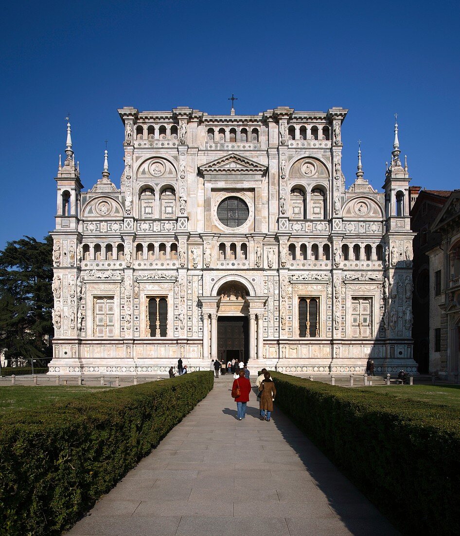 The gothic façade of the Certosa di Pavia, Pavia, Italy