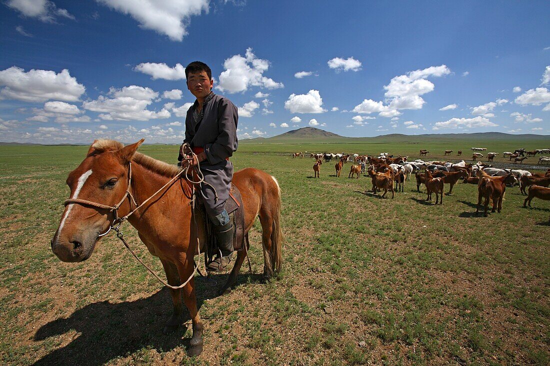 Portrait of a nomadic mongol horseman with his horse, Mongolia