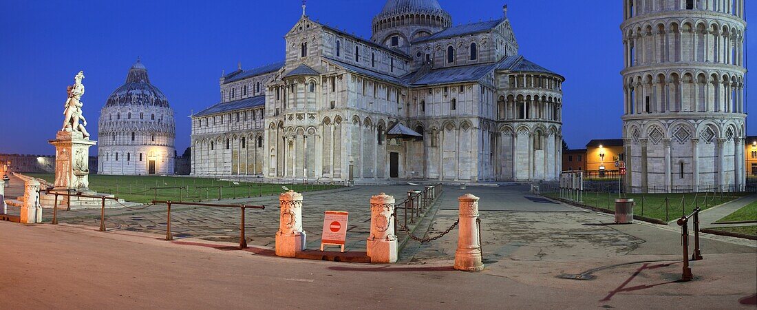 The leaning tower, the cathedral and baptistery in Piazza dei Miracoli, Pisa, Italy