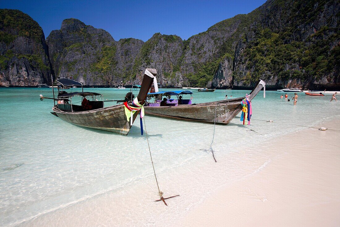 Long-tail boats in Maya Bay, Phi Phi Leh Island, Thailand