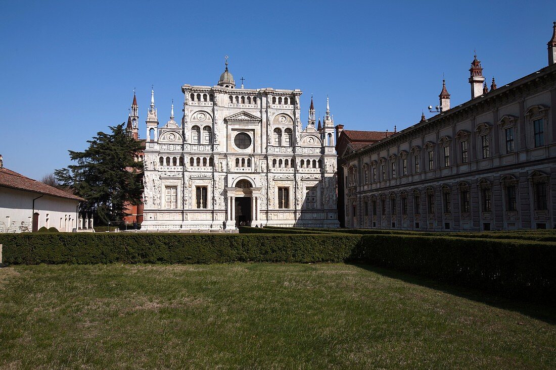 The gothic façade of the Certosa di Pavia, Pavia, Italy