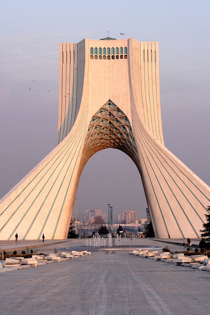 The Azadi Tower, or King Memorial Tower, is the symbol of Teheran, Iran, and marks the entrance to the metropolis, Iran
