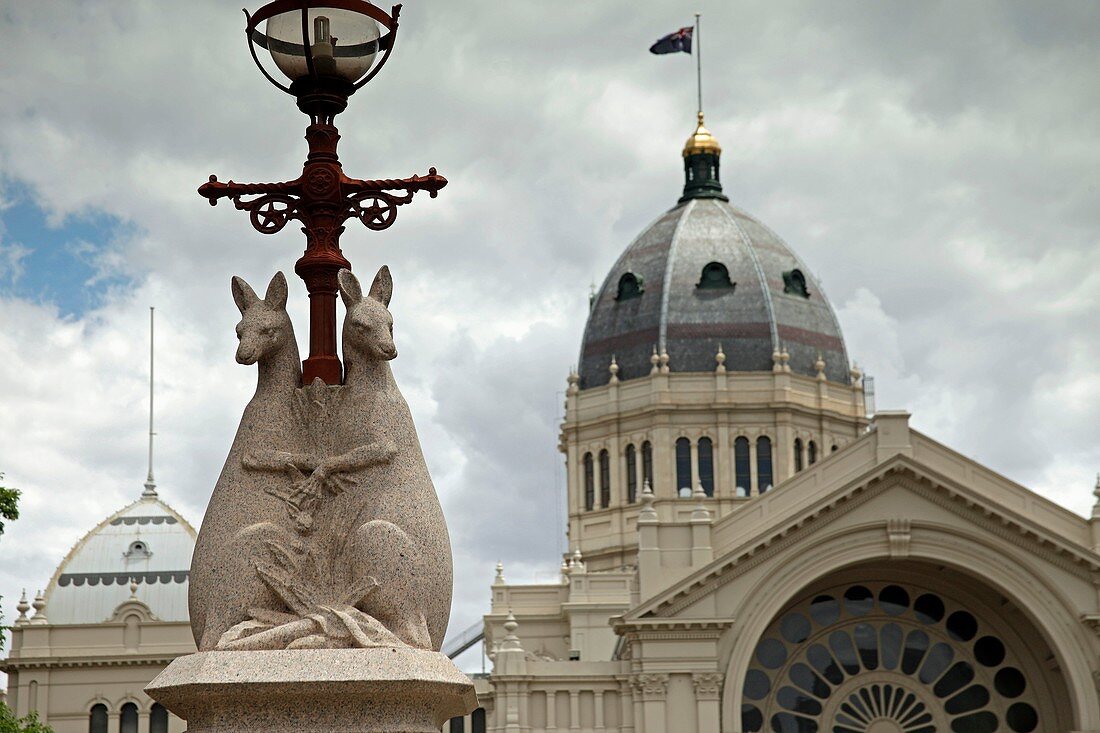 kangaroo statues on a lantern at the Royal Exhibition Building, UNESCO world heritage in Melbourne, Victoria, Australia